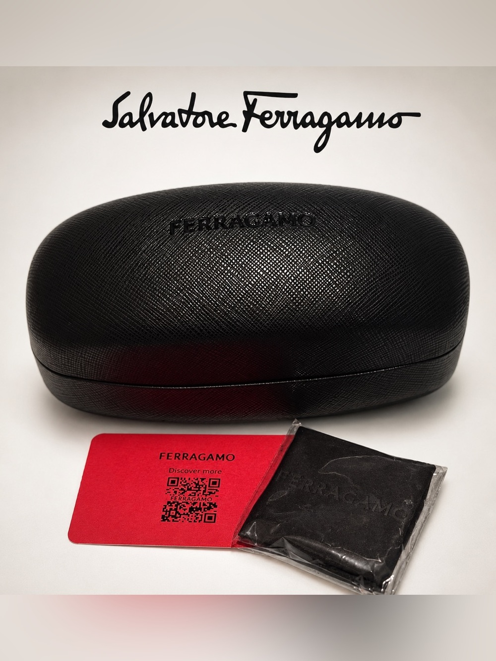 Salvatore Ferragamo Black Saffiano Sunglasses Case & Cleaning Cloth